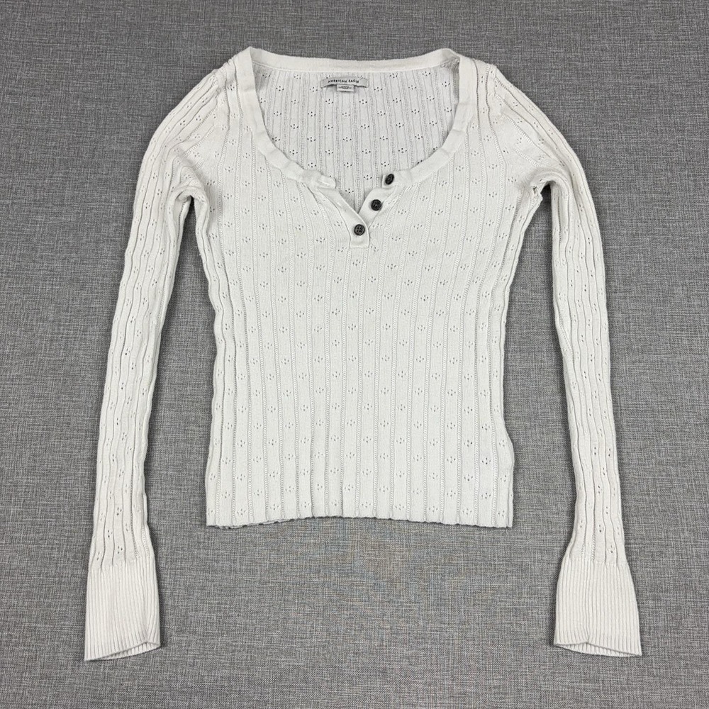 American Eagle Outfitters Baby Doll Sweater Womens S White Scoop Neck Henley
